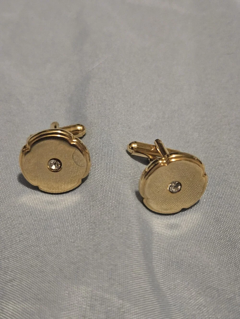 Vintage Mid Century Gold Tone Round Cufflinks Clear Rhinestone Bullet Back
